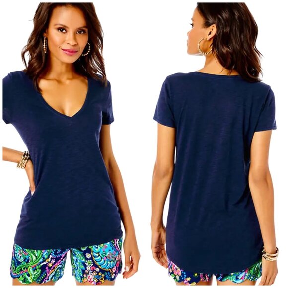 Lilly Pulitzer Etta V-Neck Tee Shirt XL Navy Blue Solid Short Sleeve NWOT - Picture 1 of 5